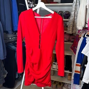 Alice + Olivia Red Plunge Long Sleeve Dress